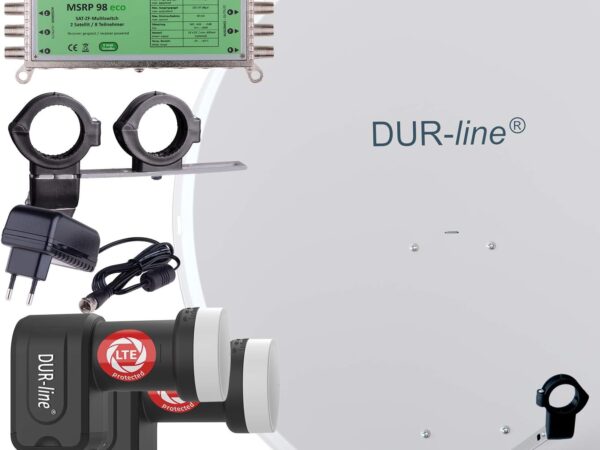 DUR-line MDA 90 Hellgrau - Digitale 8 Teilnehmer Satellitenschüssel Komplett-Anlage mit Premium Multischalter und LNB [Camping, Astra 19,2°, DVB-S/S2, Full HD, 4K, 3D]