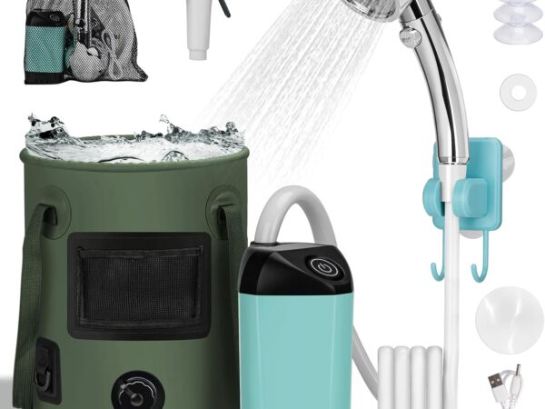 Tragbare Campingdusche, Camping Dusche mit mit Pumpe und Temperaturanzeige, Camping Dusche Outdoor Set mit Duschkopf und 2M Schlauch für Garten, Autowaschen, Strand, Reisen, Haustier