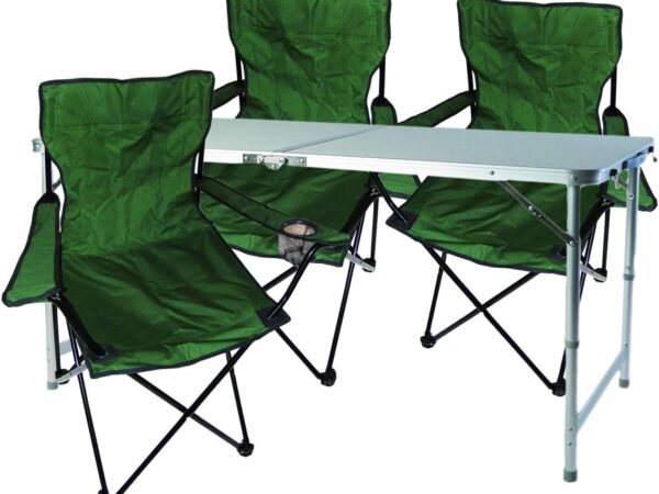 Mojawo 4tlg. Campingmöbel Set Alu 120x60x58/70cm 1x XXL Campingtisch höhenverstellbar mit Tragegriff + 3 Anglerstühle, Faltstühle grün