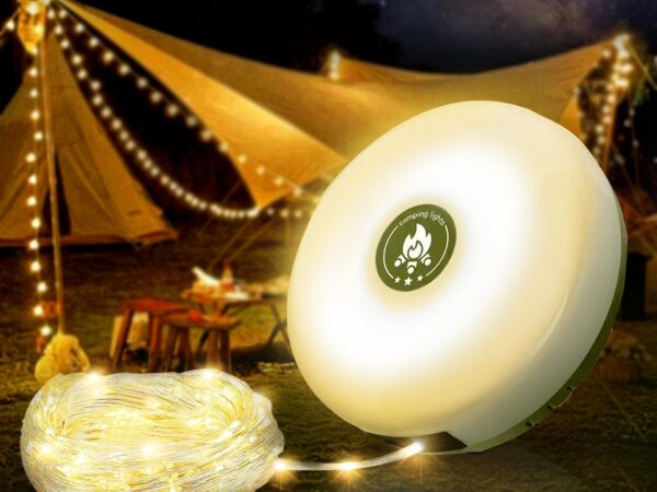 Luvan Camping Lichterketten Aufrollbar, 2 in 1 Wiederaufladbar Campinglampe mit 10M Led lichterkette, 8 einstellbaren Modi, Wasserdichte Tragbare Camping Lichter für Camping, Wandern, Zelt(1 Stück)
