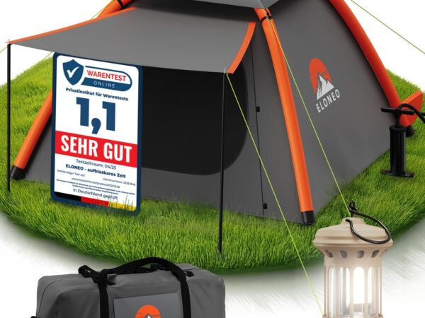 ELONEO aufblasbares Zelt mit Vordach & Luftpumpe, Camping Zelt wasserdicht, Luftzelt Ultraleicht, Inflatable Tent, Glamping Zelt mit gratis LED Licht