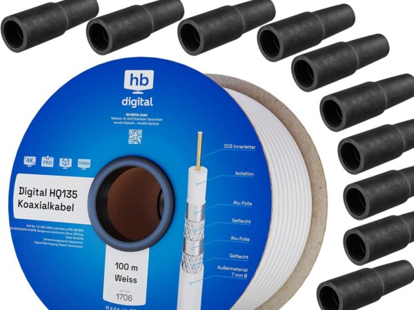 130dB 100m Koaxial SAT Kabel HQ-135 PRO 4-fach geschirmt + 10x F-Stecker vergoldet und Gummitüllen Wetterschutz für DVB-S/S2/C und DVB-T BK Anlagen für Empfang von FULL HD 3D Ultra HD UHD Signalen