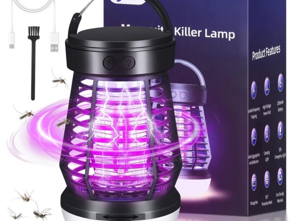 Kssvzz Insektenvernichter Elektrisch, UV Mückenlampe mit Campinglicht, Fliegenfalle Elektrisch Mückenfalle mit Aufhängehaken für Garten Innen und Aussen (Schwarz)