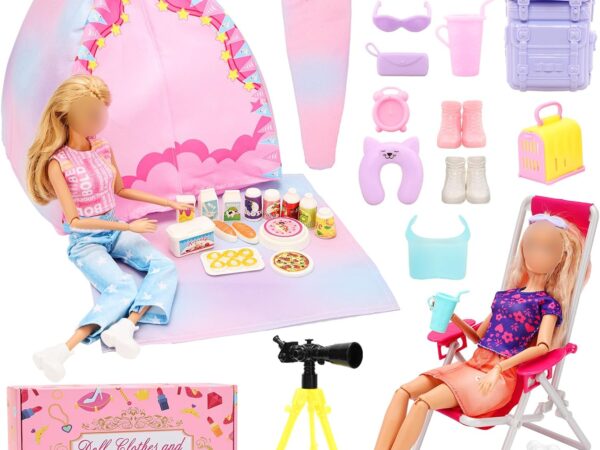 Miunana Camping Spielset mit Zelt Puppenkleidung Schlafsack Wanderrucksack Kleider Kleidung Zubehör Tiere Outdoor-Ausrüstung Fernglas für 11,5 Zoll Mädchen Puppen, Geschenk für Kinder