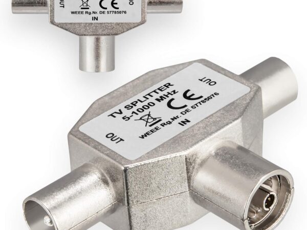HB-DIGITAL TV-Verteiler für Kabel- DVB-C + Terrestrischen-Empfang DVB-T2 TV-Splitter 2-Wege-Splitter T-Adapter Metallgehäuse TV Antenne 1x Eingang IEC-Buchse weiblich 2X Ausgang IEC-Stecker männlich