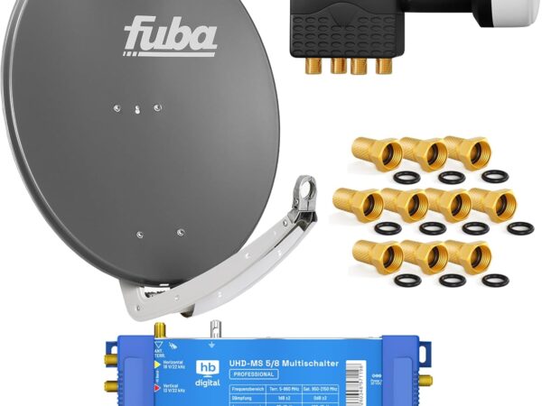 FUBA 8 Teilnehmer Digital SAT Anlage DAA780A + Profi LNB 0,1dB Full HDTV 4K + PMSE Multischalter 5/8 + 24 Vergoldete F-Stecker Gratis dazu