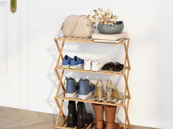 Trintion Schuhregal, 50×70cm Faltbares Schuhregal Aus Bambus Mit 4 Ebenen, 12 Paar Schuhe Schmal, Holz, Platzsparend Schuhablage