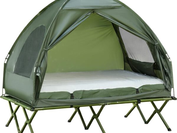 Outsunny Erhöhtes Campingbett und Zelt, Feldbett, Kuppelzelt mit Luftmatratze, inkl. Pumpe, TAFT, Grün, 193 x 136 x 178 cm