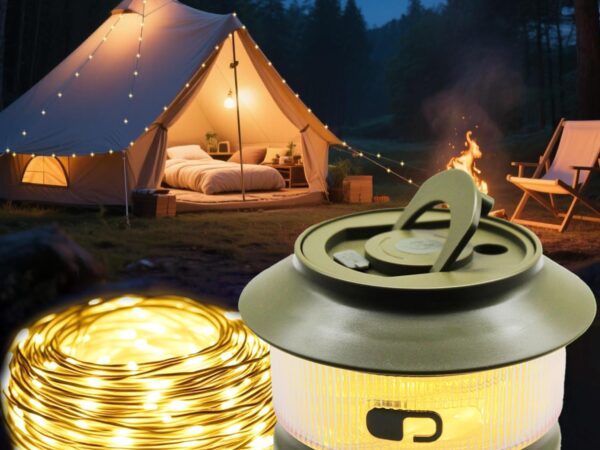 Camping Lichterkette Aufrollbar, Camping Lichterkette 20M, 3000mAh Akku, 350 Lumen, 5 Beleuchtungsmodi, Wasserdichte Tragbare Verstaubare Wiederaufladbare LED Lichterkette für Camping, Dekoration