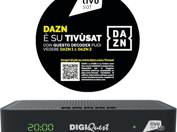 DIGIQUEST Tivùsat Maximo Combo Receiver | DVB-S2 und DVB-T2 | 2-in-1 Fernbedienung | Tivùsat Smartcard inklusive | Aufnahmefunktion zuschaltbar | DAZN 1 und 2 Kanäle aktiviertes Gerät | schwarz