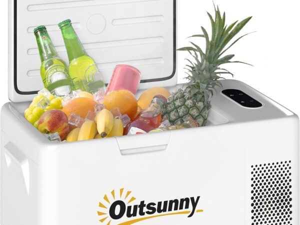 Outsunny 16,8 Liter Kompressor Kühlbox elektrische Kühlbox mit LED ECO-Modus Anschluss Kühlhaltefunktion leise Gefrierbox Thermobox Mini Kühlschrank 12/220 Volt für Auto Steckdose Camping Cremeweiß
