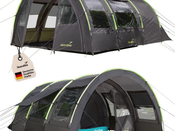 Skandika Tunnelzelt Kemi für 4 Personen | Camping Zelt, 2 Schlafkabinen, 2 m Stehhöhe, wasserfest, 3000 mm Wassersäule, Frontwand versetzbar, Vorzelt | Campingzelt, Familienzelt