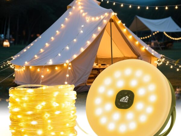 BOLONI Aufrollbare Camping Lichterkette 10m: 130 LEDs, 28H Akku, USB-C, 10 Modi (Warmweiß/RGB/SOS) für Zelt, Garten & Weihnachtsdekoration