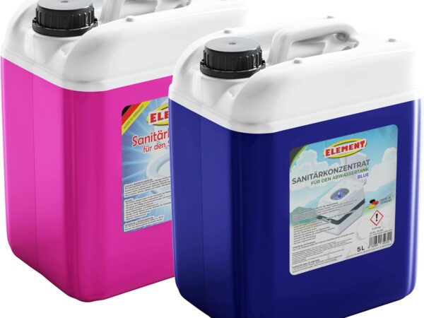 Sanitärflüssigkeit Set 2 x 5 Liter BLUE & Spültank für Campingtoiletten für Frisch- und Abwassertank Chemietoiletten Zusatz Camping WC Spülwassertank Sanitärkonzentrat Campingtoilette Abwassertank