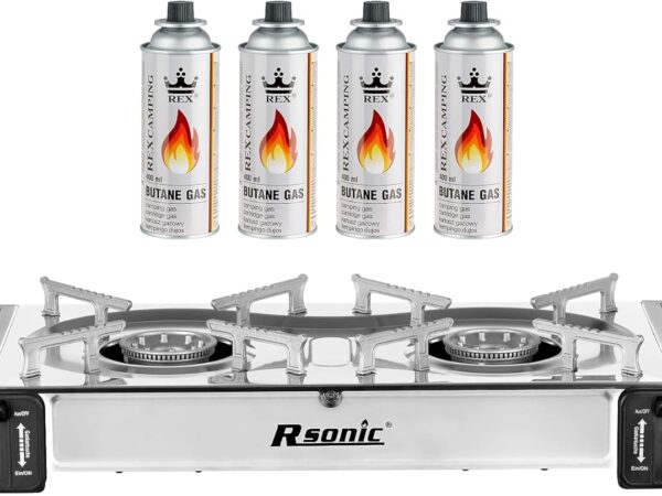 Mianova Campingkocher 2 flammig für Gaskartuchen Optional mit Gas/Grillplatte im Set Kühltasche
