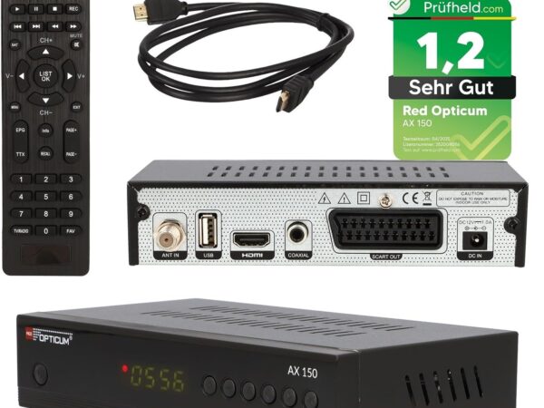 RED OPTICUM AX 150 Sat Receiver mit Aufnahmefunktion PVR I Digitaler Satelliten-Receiver HD mit HDMI - SCART - USB - Coaxial I 12V Netzteil ideal für Camping I Receiver für Satellitenschüssel