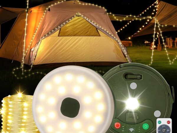 Camping Lichterkette Aufrollbar 10M, Vielseitige Tragbare Wiederaufladbare Camping Lichterkette mit 9 Beleuchtungsmodi, Wasserdichte Campinglampe für Zelt Camping Hof Dekoration und Wandern
