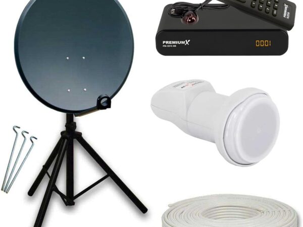 Premium X Mobile Camping Satelliten-Komplettanlage 60cm Antenne Aluminium SAT Single LNB Dreibein-Stativ Kabel Satelliten-Receiver