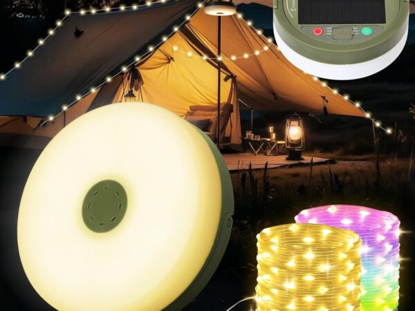 Yizhet 10m Camping Lichterkette Solar – Wiederaufladbare Aufrollbar Outdoor LED Lichterkette mit USB 9 Beleuchtungsmodi, wasserdicht, tragbar, perfekt für Camping und Garten