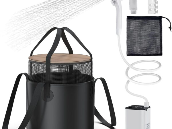 HSYFUNA Campingdusche, Akku 6000mAh Wiederaufladbar Pumpe with Display, 5 Gal Water Foldable Bucket, 2 Duschkopf und 6ft TPU Wasserleitung, Campingdusche Tragbare Full Set for Outdoor Travel Hiking
