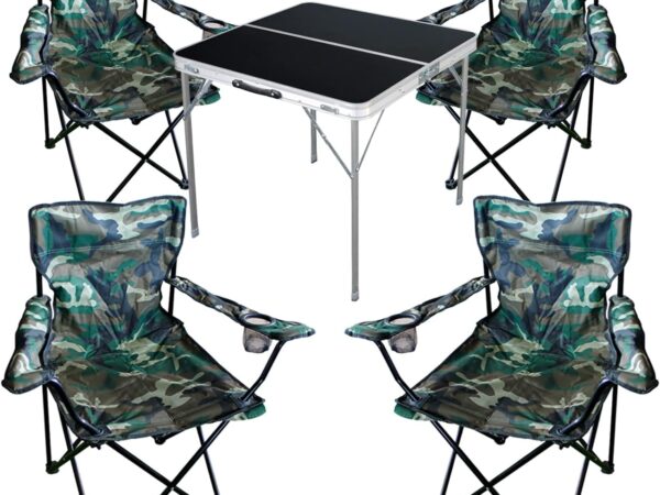 5tlg. Campingmöbel Set Alu 80x80x70cm 1x Campingtisch schwarz mit Tragegriff + 4 Anglerstühle, Faltstühle Campingstühle Camouflage