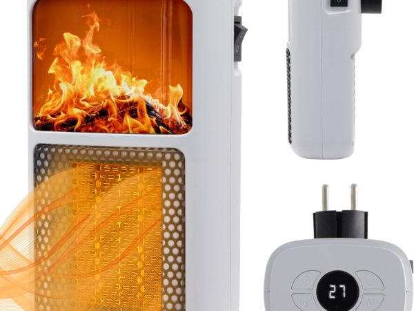 Tronitechnik® Steckdosen Heizlüfter Energiesparend Mini mit Kaminfeuereffekt LCD Display Keramik Heizung mit Thermostat 400W - Temperaturregelung Timer Büro Badezimmer Schlafzimmer