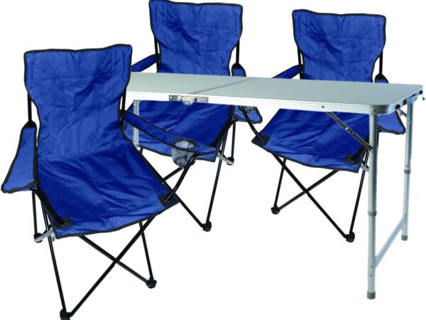 Mojawo 4tlg. Campingmöbel Set Alu 120x60x58/70cm 1x XXL Campingtisch höhenverstellbar mit Tragegriff + 3 Anglerstühle, Faltstühle blau
