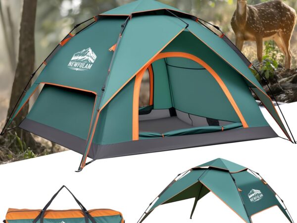 Newfulam Camping Zelt 2-3 Personen, 3S Auto Pop Up Zelt Wasserdicht Kuppelzelte Wurfzelt Schnellaufbau mit 2 Mesh Türen, UV, Winddicht für Camping Outdoor Trekking