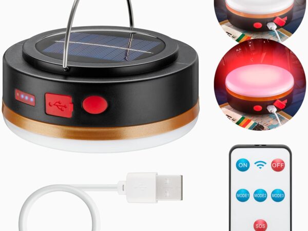 goobay 60344 LED Solar Campinglampe mit IR Fernbedienung / Camping Beleuchtung / Outdoor Lampe / Hängelampe / 6 Leuchtmodi / 3,7 V, 2000 mAh / Powerbank Funktion / Aufladen von USB A Geräten