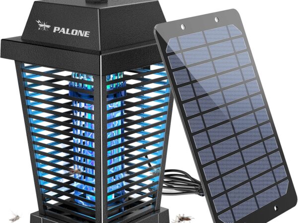 PALONE Insektenvernichter Elektrisch Solar, 4500V USB C Wiederaufladbar Elektrischer UV Mückenlampe with 7,5W/5V Sonnenkollektor & 3,6M Typ-C Kabel für Camping Garten Innen