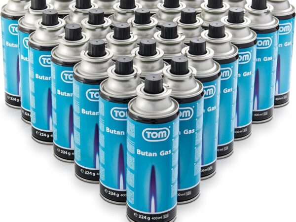 TOM 8 x, 12 x oder 28 x Butangas Kartuschen 227 mit MSF-1A Bajonett Ventil – Die Butan Gas Kartuschen sind ideal beim Camping für Campingkocher, Gaslampe & Co. oder für Unkrautbrenner, Flächenbrenner