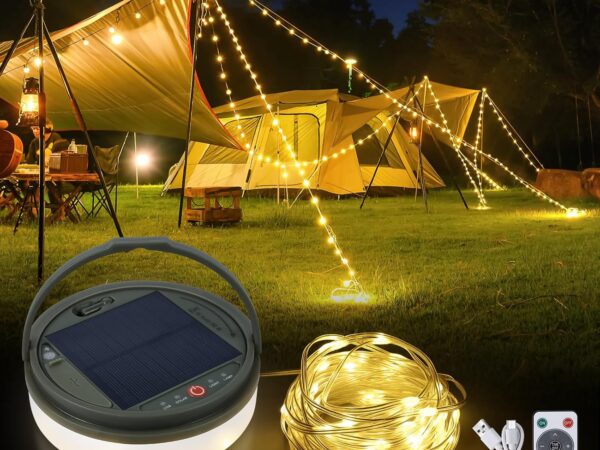 SMY Camping Lichterkette Aufrollbar, 13M 160LED, 3600mAh, Wiederaufladbar über Solar und USB, Tragbare Campinglampe mit Fernbedienung für Zelt Camping Wandern Garten Hof