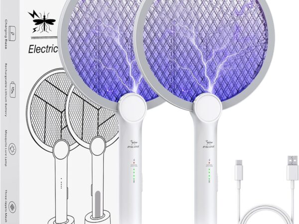 PALONE 2er Elektrische Fliegenklatsche, 4000V Fliegenklatsche Elektrisch mit USB C Ladebasis, UV Wiederaufladbar Mückenklatsche, Berührungsschutz Insektenvernichter, Wirksam Gegen Stechmücken