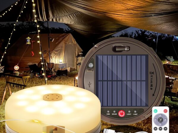 HELESIN Camping Lichterkette Aufrollbar Solar 12.8M, 4 in 1 Tragbare LED Lichterkette mit 8 Beleuchtungsmodi, 2 Lademodi, Wasserdichte Camping Lichterkette für Camping Hof Dekoration(Warmton)
