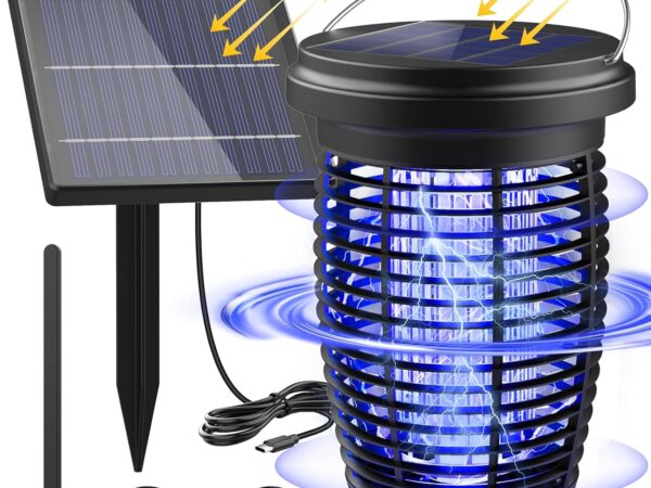 PALONE Insektenvernichter Elektrisch Solar, Wiederaufladbar 4500V USB C Elektrischer Mückenlampe mit 4W/5V Solar Stützstangen & 3,5M Kabel und 1M Typ C Ladekabel für Innen Außen