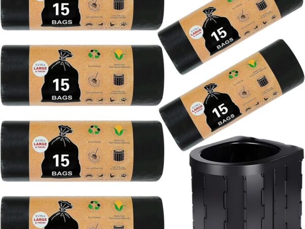 POWZOO 6 Rollen 90 Stück Toilettenbeutel Schwarz Set,Müllbeutel 30l,Hygienebeutel,Wasserdichte Trenntoilette Zubehör,Camping Zubehör,Toilettenbeutel Campingtoilette,für Mobile Toiletten,Wandern,Reisen