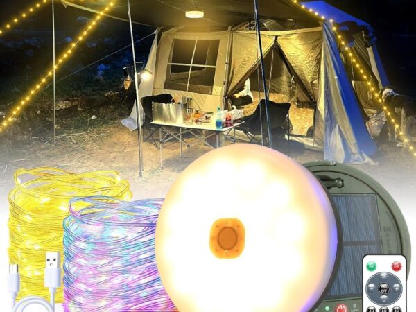 Camping Lichterkette Aufrollbar Solar, 10m 3600mAh Wasserdicht USB Wiederaufladbare, Lichterkette Außen, Warmweiß + RGB mit 8 Beleuchtungsmodi, IP65 Wasserdichte, Garten, Wandern