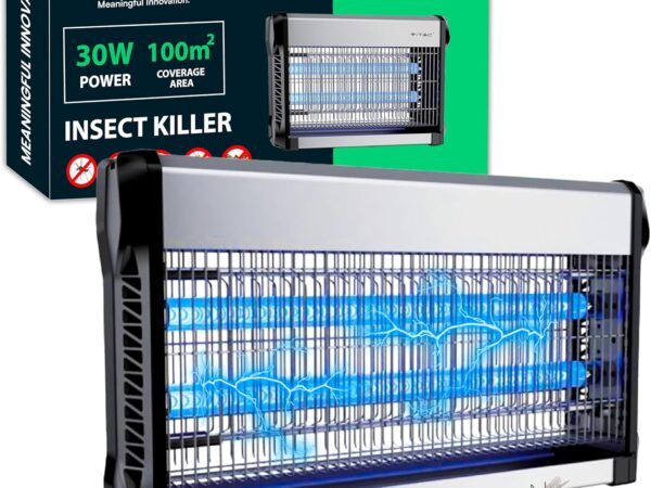 V-TAC Insektenvernichter Elektrisch 30W mit Wirkungsbereich von 50 m² – Schlankes Design – Insektenvernichter mit Blauem UV-LED-Licht für Innen und Außenbereich – Elektrische Falle Mücken und Insekten
