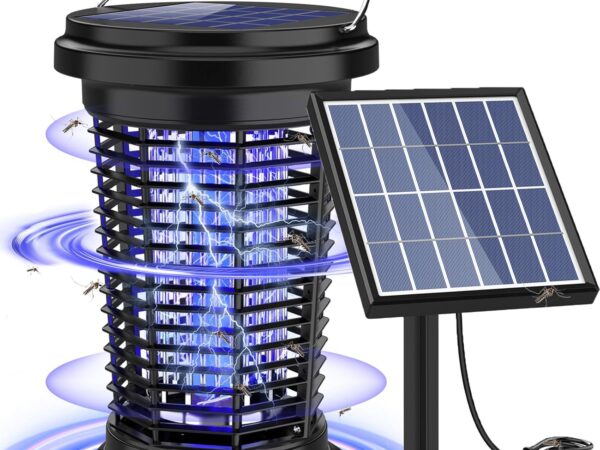 PALONE Insektenvernichter Elektrisch Solar 4500V, Wiederaufladbar USB C Elektrischer Mückenlampe mit 5.5W/5V Solar Stützstangen & Kabel und 1M Typ C Ladekabel für Innen Außen