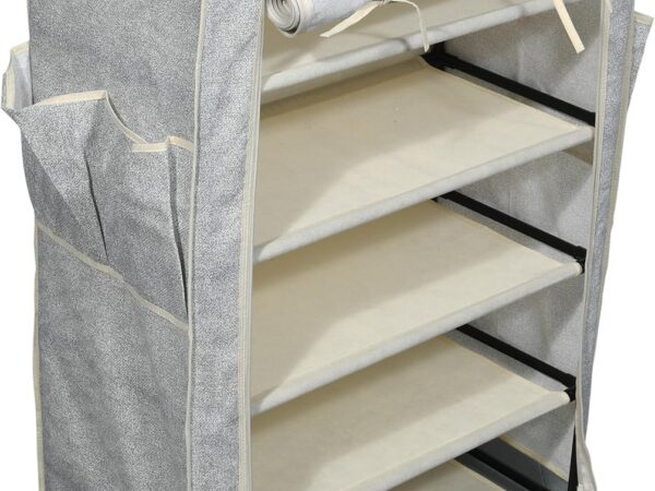 MSV Schuhregal mit 5 Ebenen, mit staubdichtem Überzug, Schuhschrank, Schuhaufbewahrung, Schuhorganizer Camping, für bis zu 15 Paar Schuhe, für Wohnzimmer, Flur, 60 x 30 x 88 cm, grau, Stoff, Grey