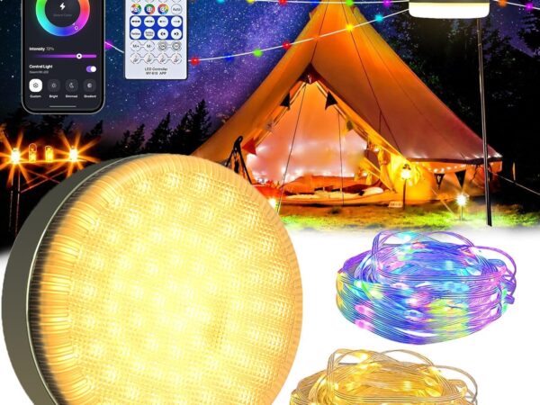 BOSITE Camping Lichterkette Aufrollbar, 4500mAh Tragbare Campinglampe, Campinglampe Außen mit 8m RGB led lichterkette, Wasserdicht, USB-Ladung, mit App Fernsteuerung