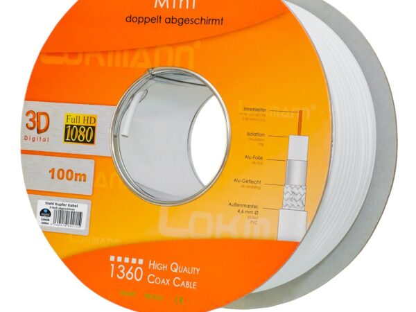 HB Digital 100m Koaxial SAT Kabel CCS Weiß extra dünn 4,6mm Ø Koax Kabel Antennenkabel 100dB 2-Fach geschirmt für DVB-S / S2 DVB-C und DVB-T BK Anlagen Mini