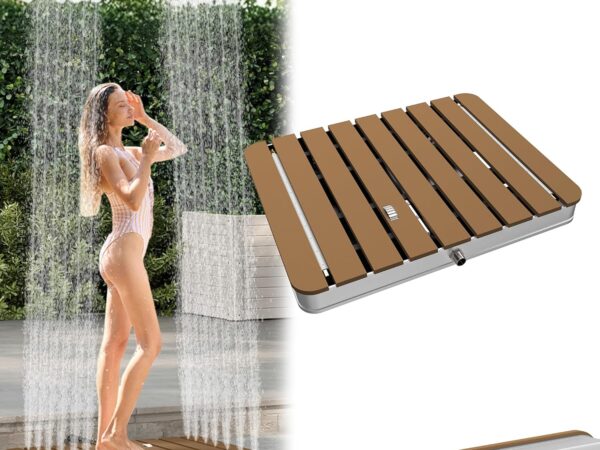 Froadp Gartendusche Campingdusche Aluminium & WPC Bodendusche Holzfarbe Saunadusche mit rutschfeste Standfläche 55x70cm Wetterfest Holzoptik Außendusche für Standard-Gartenschläuche (Rechteckig)
