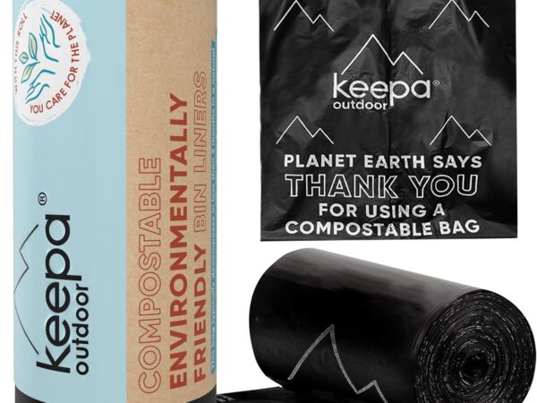Keepa Outdoor kompostierbare Toilettenbeutel, schwarz, 20 Stück mit je 40 l, reißfest, geruchsdicht und nahezu intransparent für den Biomülleimer in der Küche und Campingtoiletten
