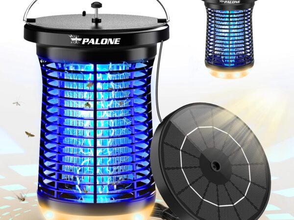 PALONE Insektenvernichter Elektrisch Solar LED, 4500V USB C Wiederaufladbar Elektrischer Mückenlampe mit 3,5W/5V Sonnenkollektor & 3,5M Kabel und Type C Ladekabel für Innen Außen