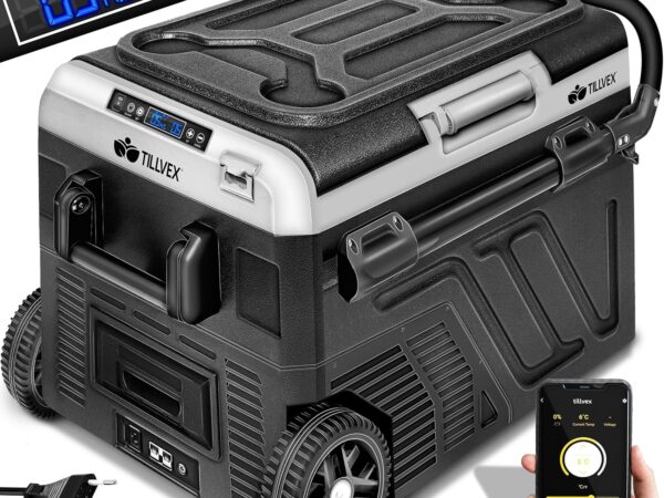 tillvex® Kompressor Kühlbox elektrisch 40-60 Liter | Elektrische Gefrierbox WIFI-APP-Steuerung 12/24 V 230V | Kühlschrank bis -20 °C für Auto, Lkw, Camping (Schwarz, 40 Liter - mit Akku)