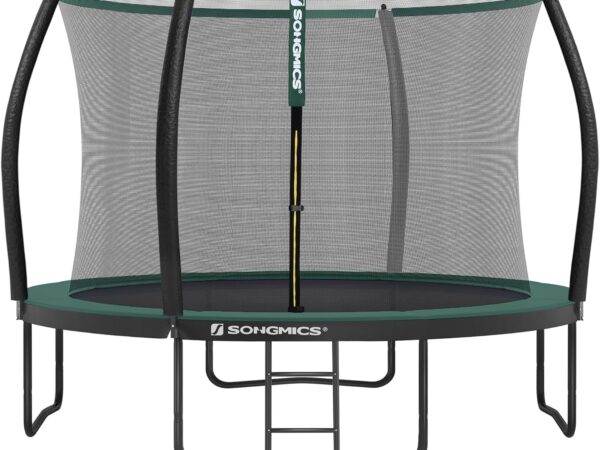 SONGMICS Trampolin Outdoor Ø 244/305/366/427 cm, rundes Gartentrampolin für Kinder mit Sicherheitsnetz, Randabdeckung, Leiter und gepolsterten Stangen