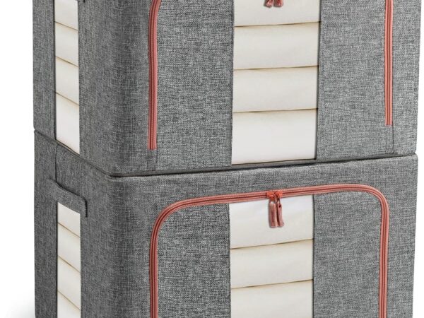 FUSACONY Kleideraufbewahrung Box 2 Stück, Kleiderschrank Organizer Faltbar Aufbewahrungsbox mit Metallrahmen und 2 Fenster, Aufbewahrungstasche für Kleidung, Bettdecken, Decken, Bettwäsche, Grau(22L)