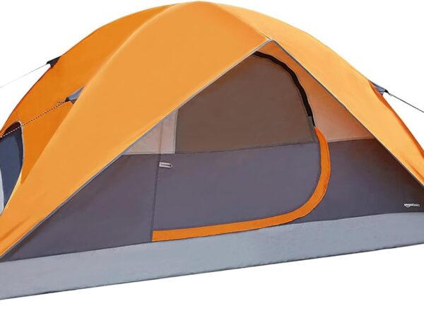 Amazon Basics Kuppelzelt für Camping mit Regenschutz und Tragetasche, wasserdichtes 3-Jahreszeiten-Zelt, einfach aufzubauen, 6 Personen