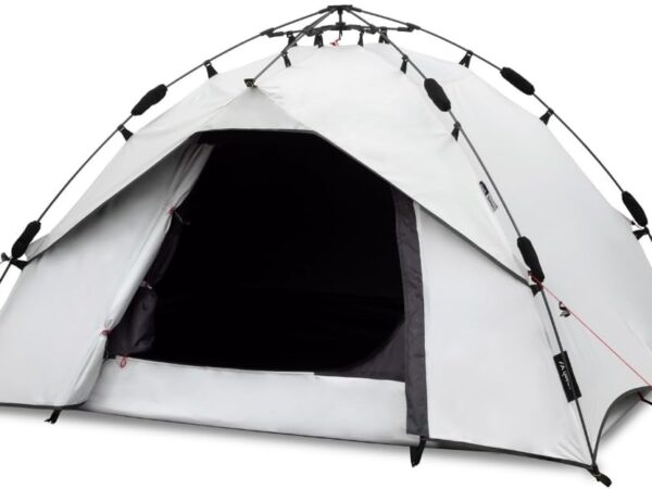 qeedo Quick Ash Dark Series Second Tent Fully Darkened Inside, Waterproof, Lightweight & Robust - Camping Tent for 2 People, Dome Tent with Small Canopy, Mosquito Net & Quick Assembly System